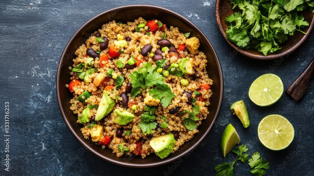 A vibrant bowl of quinoa salad with colorful vegetables, garnished with fresh herbs and lime, showcasing a healthy and appetizing dish. A vibrant bowl of quinoa salad with colorful vegetables, garnished with fresh herbs and lime, showcasing a healthy and appetizing dish.
