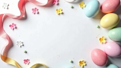 An flat lay of Easter cards, colorful ribbons, colorful eggs and decorations on a  white surface.