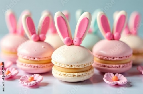 A festive composition of pastel-colored macarons with Easter-themed decorations like edible bunny ears and floral designs 