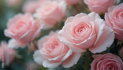 A Cluster Of Delicate Blush Pink Roses, Their Petals Softly Unfurling In The Gentle Light, Evokes Feelings Of Serenity And Romance With A Soft Focus And Dreamy Pastel Tones