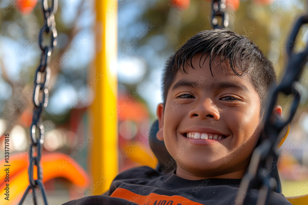 A joyful young Latino boy swinging in a colorful playground, smiling brightly under the sun. A joyful young Latino boy swinging in a colorful playground, smiling brightly under the sun.