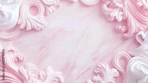 A decorative pink and white marble background with ornate details