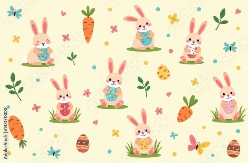Easter pattern with  bunnies holding painted eggs, surrounded by carrots, butterflies, and grassy elements on a soft pastel background