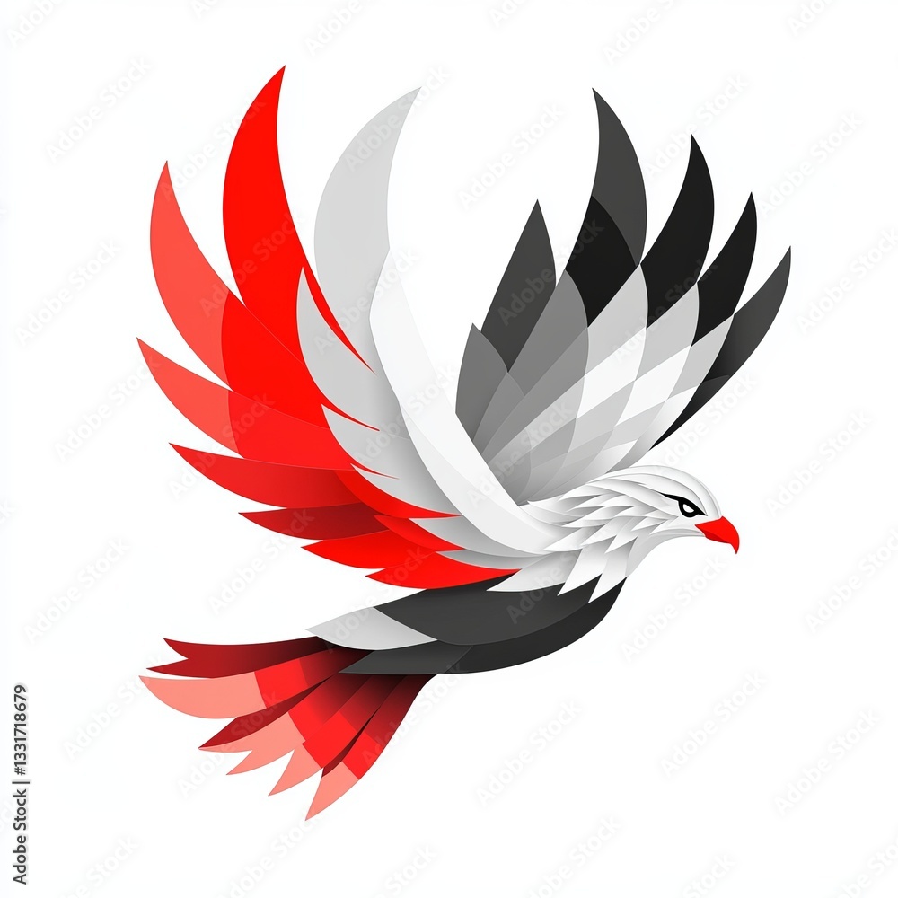 Fototapeta premium Abstract Red Gray White Geometric Bird in Flight Illustration