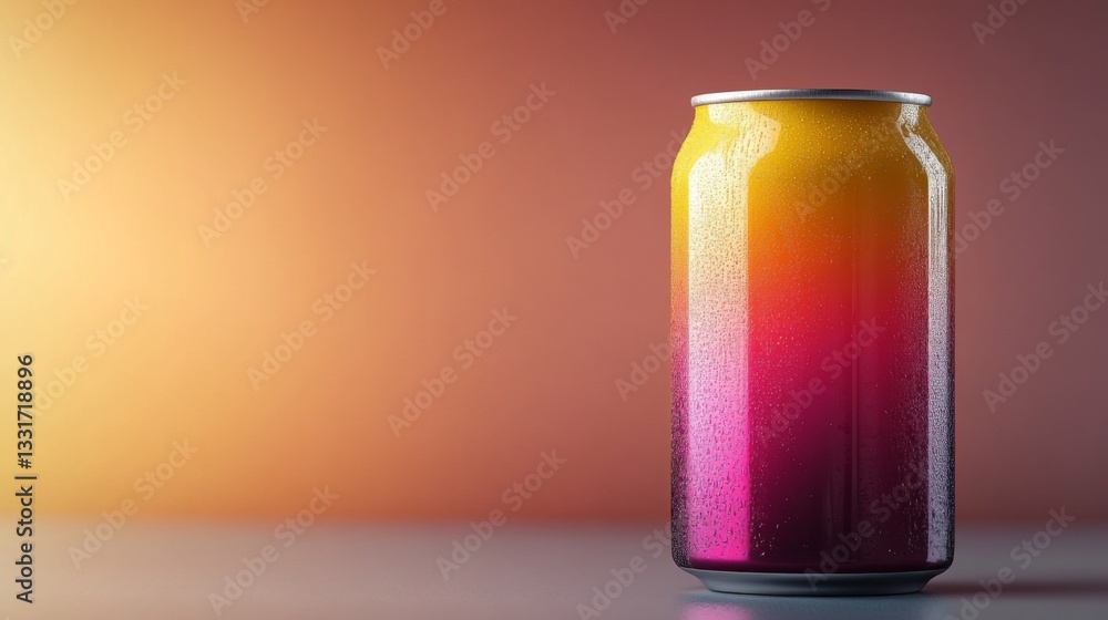 A cold can of beverage showcases a stunning gradient of yellow, orange, and pink hues. The can glistens with condensation, suggesting refreshment. A cold can of beverage showcases a stunning gradient of yellow, orange, and pink hues. The can glistens with condensation, suggesting refreshment.