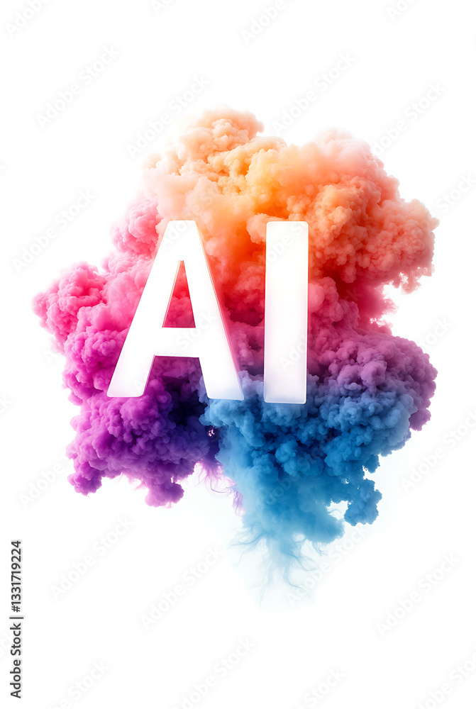 Colorful smoke explosion with bright letters depicting artificial intelligence in a creative digital art setting
