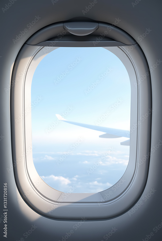 View from an airplane window with wing and clear sky during a daytime flight over distant landscape