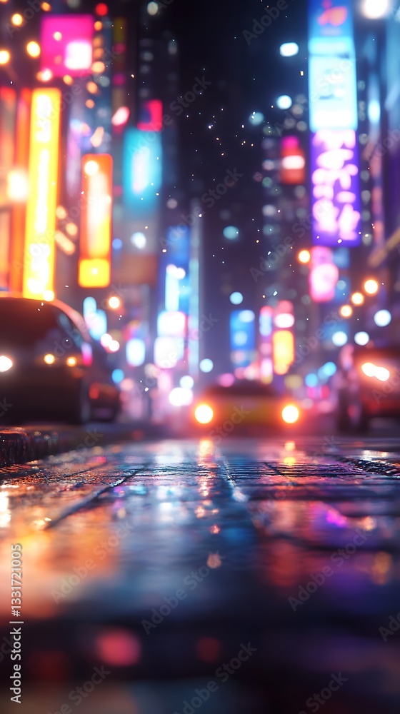 A vibrant urban scene at night with illuminated signs and reflections on wet streets. A vibrant urban scene at night with illuminated signs and reflections on wet streets.