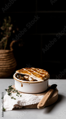 Rustic minimalist Chicken Meat Pie in a Pot on a Marble Surface, with a Plant in a Basket