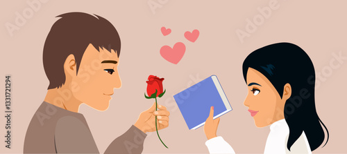 Couple Exchanging Sant Jordi's Holiday Gifts Vector Illustration. Profile view of woman and man holding book and flower expressing their love