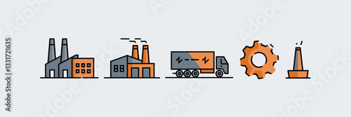 Vector art illustration of industry icons with factory, truck, smokestacks, and gear – Great for transportation, manufacturing, or industrial growth content.