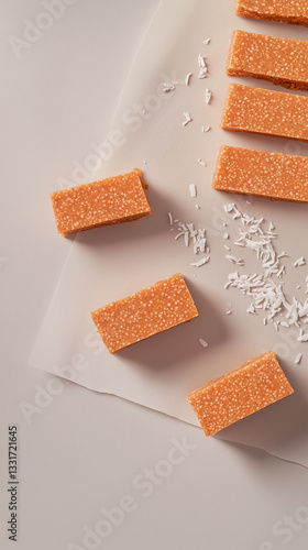 Minimalist Flat Lay of Amaranth Bars on a Parchment paper with Coconut Flakes – Healthy Snack Concept