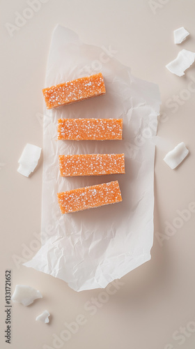 Minimalist Flat Lay of Amaranth Bars on a Parchment paper with Coconut Flakes – Healthy Snack Concept