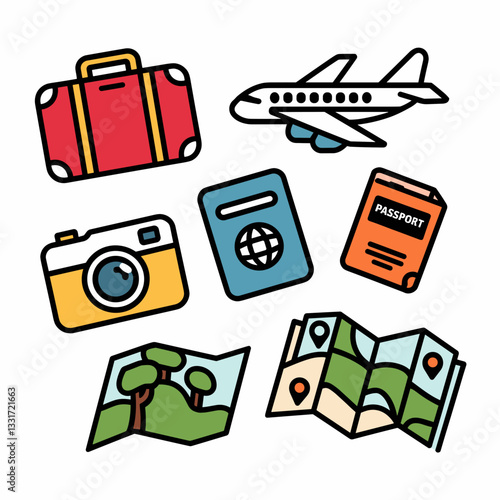 Kawaii vector art of travel icons with suitcase, plane, camera, passport, and map in red, blue, yellow, green, and orange