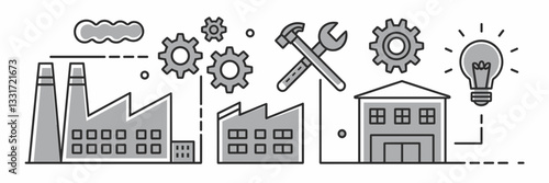 Vector art design of industry icons with a factory, gear, hammer and wrench, construction worker, and lightbulb – Perfect for industrial, labor, or innovation-related content.