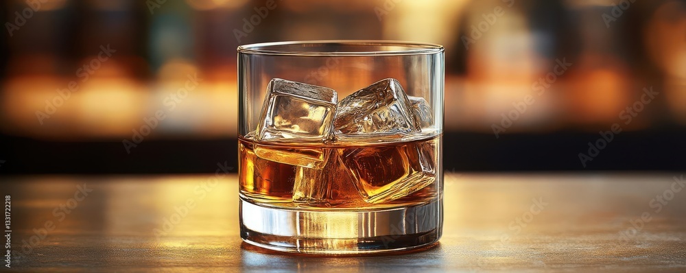 Minimalist whiskey glass with ice cubes, dramatic lighting, rich amber tones, sophisticated vibe Minimalist whiskey glass with ice cubes, dramatic lighting, rich amber tones, sophisticated vibe