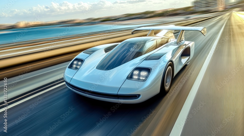 Fototapeta premium Futuristic car racing on coastal highway