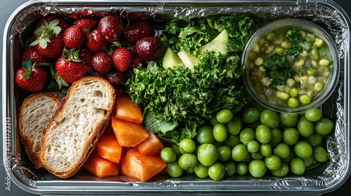 This image displays a colorful meal tray filled with fresh fruits, greens, and a delightful bowl of soup, highlighting the essence of healthy eating and vitality. photo