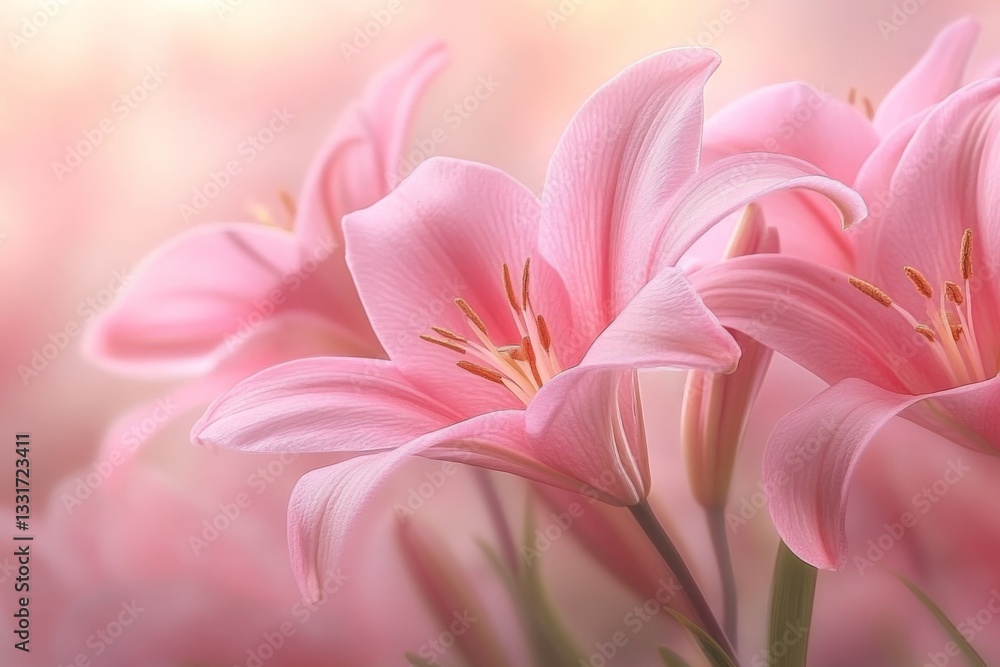 Delicate pink lilies bloom softly amidst a gentle pastel background in a serene garden setting Delicate pink lilies bloom softly amidst a gentle pastel background in a serene garden setting