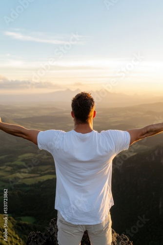 Obraz na płótnie person stands on mountain peak, arms wide open, embracing sunris w salonie