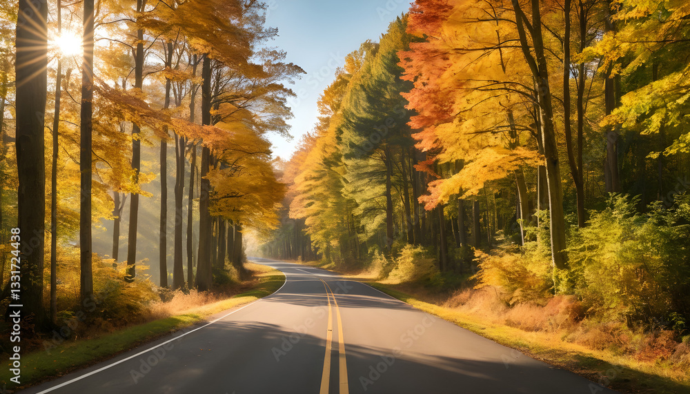 Fototapeta premium A picturesque driveway lined with vibrant autumn trees, their golden and red leaves gently falling to the ground, creating a warm and cozy atmosphere