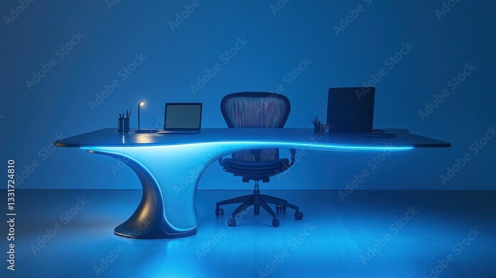 Fototapeta premium Futuristic Office Desk, Blue Light, Modern Workspace