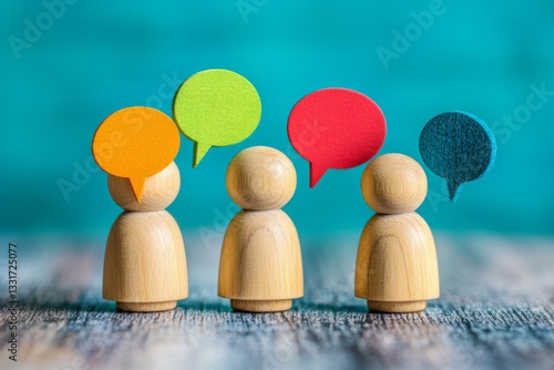 Wooden figures engaged in conversation with colorful speech bubbles representing dialogue and communication