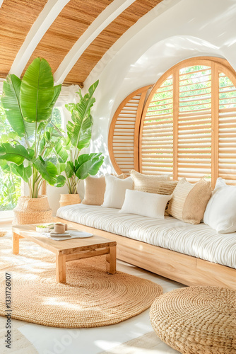 Modern, minimalist, light-filled living room with natural wood accents and lush greenery