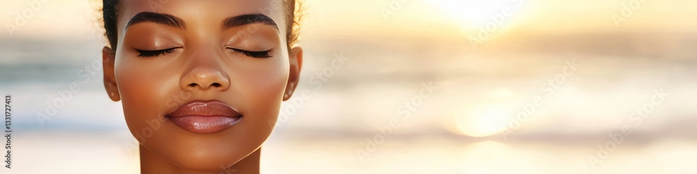 Fototapeta premium Golden Hour Tranquility Portrait of a Young Black Woman Finding Peace in the Sunset s Glow