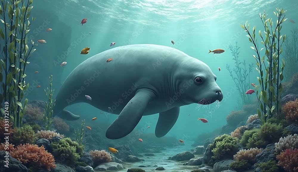 Naklejka premium Underwater scene of a Steller’s sea cow grazing on kelp in coastal waters