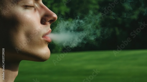 Young man exhales smoke, capturing serene moment amidst lush gre