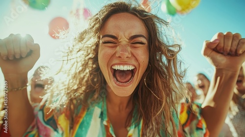 A woman joyfully screaming amid a lively outdoor celebration, surrounded by colorful balloons, capturing the essence of happiness, freedom, and community spirit under bright sunlight.