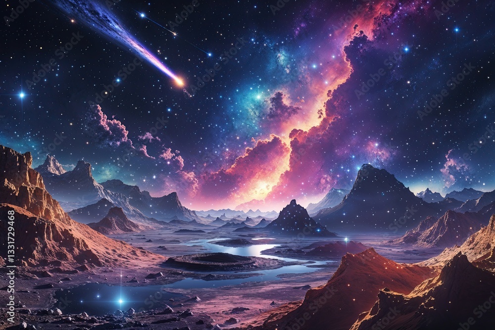 Fototapeta premium Vibrant Cosmic Landscape with Craters, Stars, and Comets in a Dark Galactic Setting