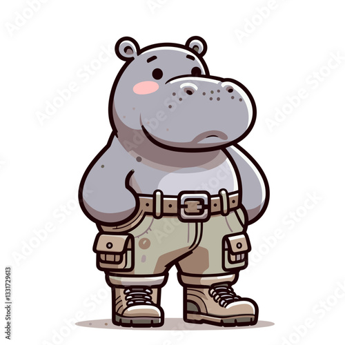 Adventure hippo in beige safari outfit with utility pockets. Vector illustration for exploration, wildlife expeditions and outdoor activity concepts.