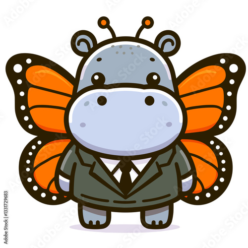 Business hippo with butterfly wings wearing suit and tie. Vector illustration for transformation, career growth and professional development concepts.