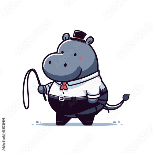Sophisticated hippo circus ringmaster in formal tailcoat with whip. Vector illustration for entertainment events, show business and performance concepts.