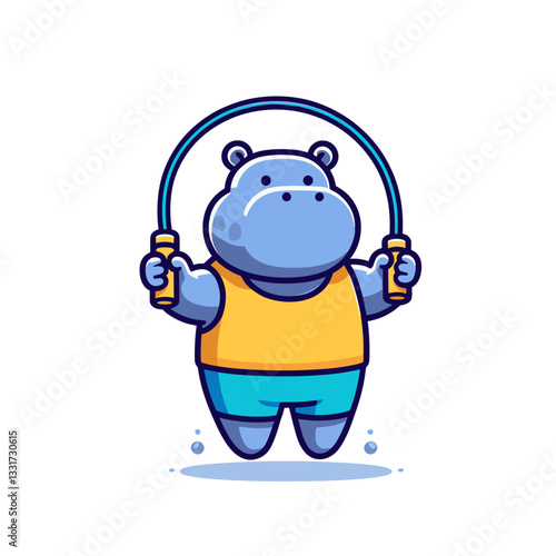 Playful hippo child with jump rope in colorful yellow and blue outfit. Vector illustration for kids activities, physical education and playground concepts.