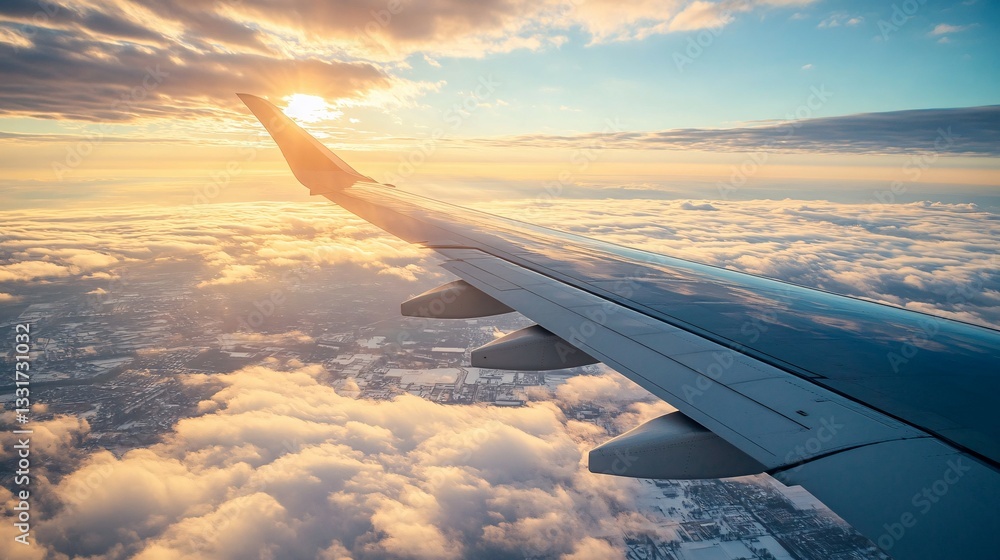 Obraz premium A photograph shows an airplane wing in a bright sky above clouds