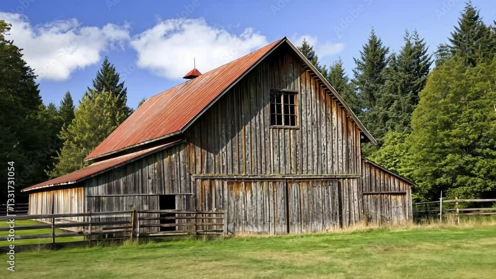 A rustic barn with a red roof sits in a lush green field A rustic barn with a red roof sits in a lush green field