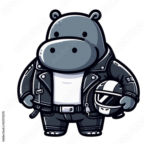 Tough hippo biker in black leather jacket holding motorcycle helmet. Vector illustration for motorcycle culture, rebel lifestyle and road trip concepts.