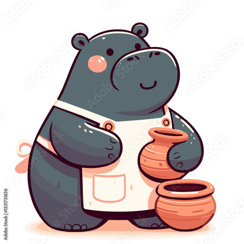 Artisan hippo potter with clay pot and white apron. Vector illustration for handicraft workshops, traditional crafts and ceramic art classes.