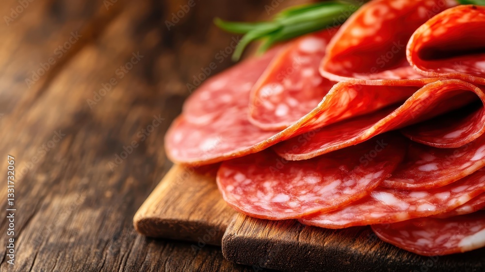 An enticing arrangement of assorted cold cuts including salami and prosciutto elegantly laid out on a wooden surface, garnished with fresh herbs for a touch of elegance. An enticing arrangement of assorted cold cuts including salami and prosciutto elegantly laid out on a wooden surface, garnished with fresh herbs for a touch of elegance.