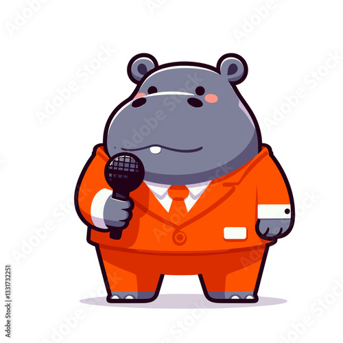 Confident hippo presenter in orange suit with microphone. Vector illustration for media broadcasting, event hosting and public speaking concepts.