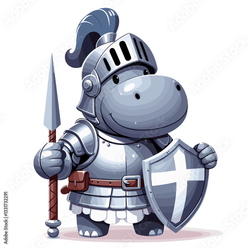 Noble hippo knight in shining armor with shield and spear. Vector illustration for medieval tales, fantasy games and historical reenactment concepts.