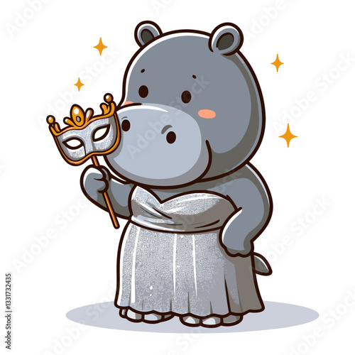 Elegant hippo in white gown holding masquerade mask. Vector illustration for formal events, costume parties and theatrical performance concepts.