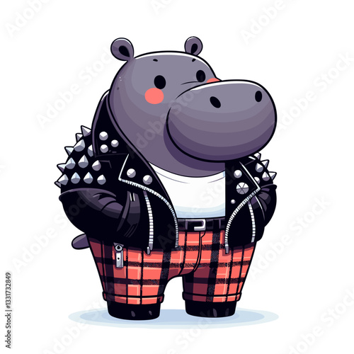 Rebellious hippo punk rocker in black leather jacket and plaid pants. Vector illustration for alternative music, youth subculture and nonconformist lifestyle concepts.