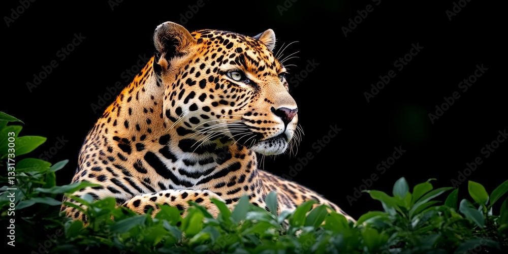 Naklejka premium Alert Leopard Gazing with Intensity on Black Background, Portrait of Majestic Wildlife