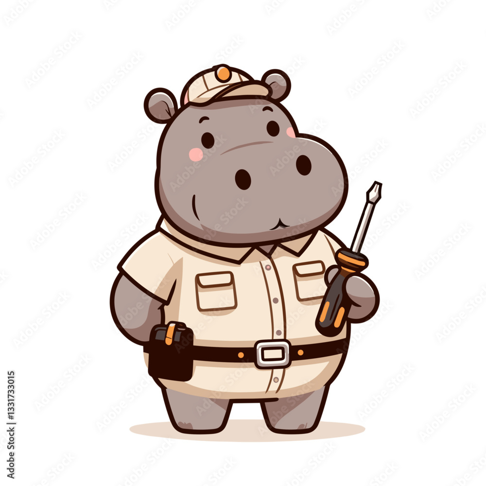 Safari guide hippo in khaki uniform with walking stick. Vector illustration for wildlife tours, expedition leadership and adventure tourism concepts. Safari guide hippo in khaki uniform with walking stick. Vector illustration for wildlife tours, expedition leadership and adventure tourism concepts.