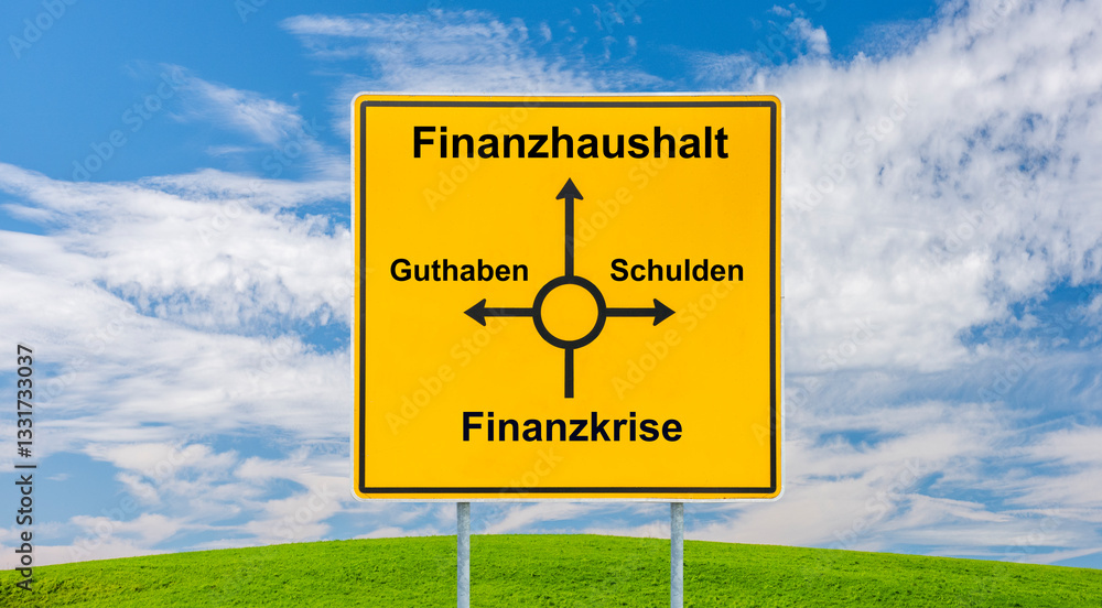 Auf einem Wegweiser zeigt der Weg von der Finanzkrise über Guthaben und Schulden zu einem Finanzhaushalt - Symbolbild - FOTOMONTAGE