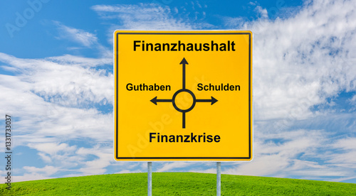 Obraz na płótnie Auf einem Wegweiser zeigt der Weg von der Finanzkrise über Guthaben und Schulden zu einem Finanzhaushalt - Symbolbild - FOTOMONTAGE w salonie